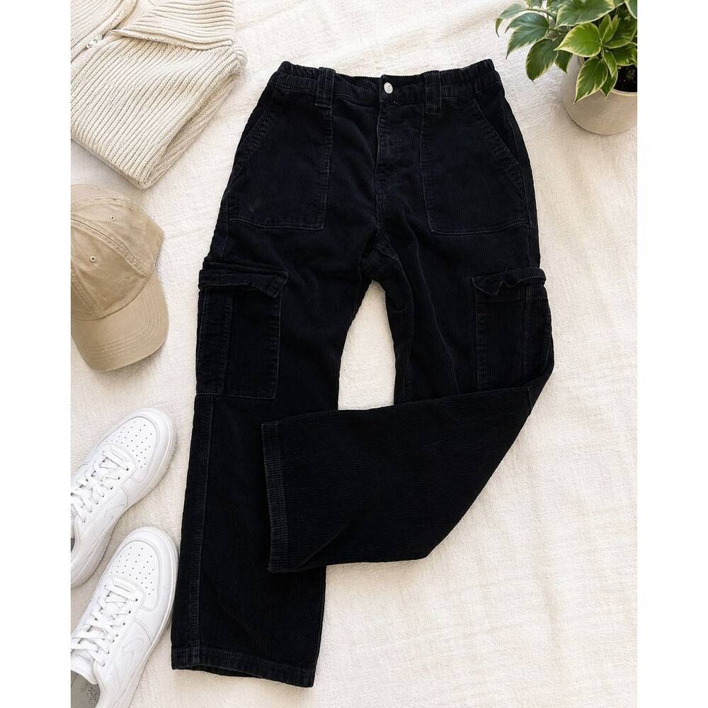 PacSun Womens M Black Corduroy Elastic Waist Cargo Pants Y2K Utility